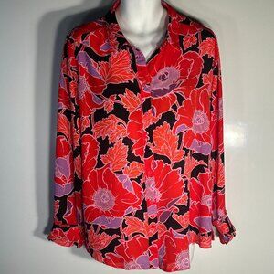 Who What Wear SZ XXL Silky Red Abstract Floral Button Front Shirt Modern Relaxed